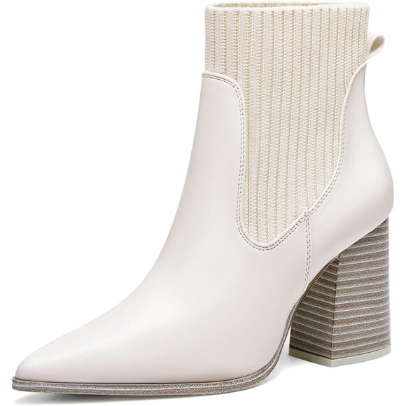 ⚡Women's White Ankle Boots Sock Booties Pointed Toe Chunky Stacked High Heel - Picture 1 of 5